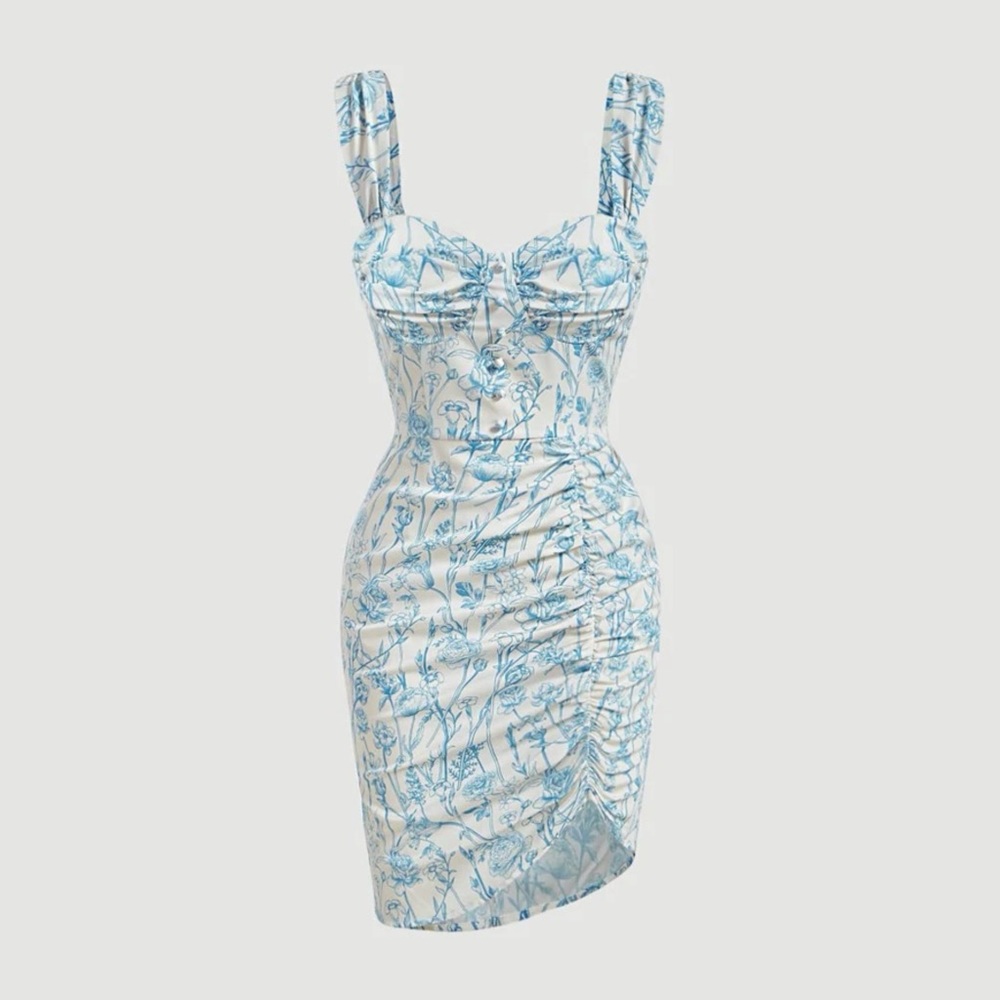 Charming Off-White Summer Dress - Blue Detailing - Size M - New Without Tags!